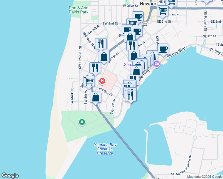 map of restaurants, bars, coffee shops, grocery stores, and more near 838 Southwest 11th Street in Newport
