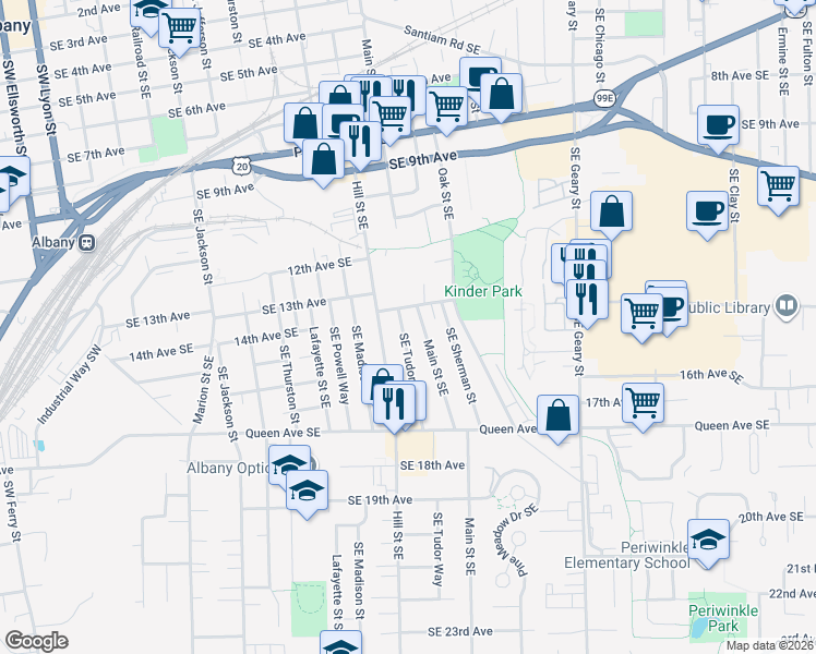 map of restaurants, bars, coffee shops, grocery stores, and more near 1435 Southeast Tudor Way in Albany