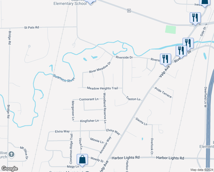 map of restaurants, bars, coffee shops, grocery stores, and more near 3118 Woodland Reserve Lane in Green Bay