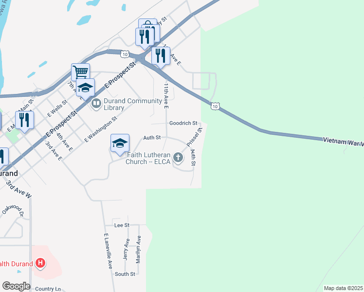 map of restaurants, bars, coffee shops, grocery stores, and more near 924 Auth Street in Durand