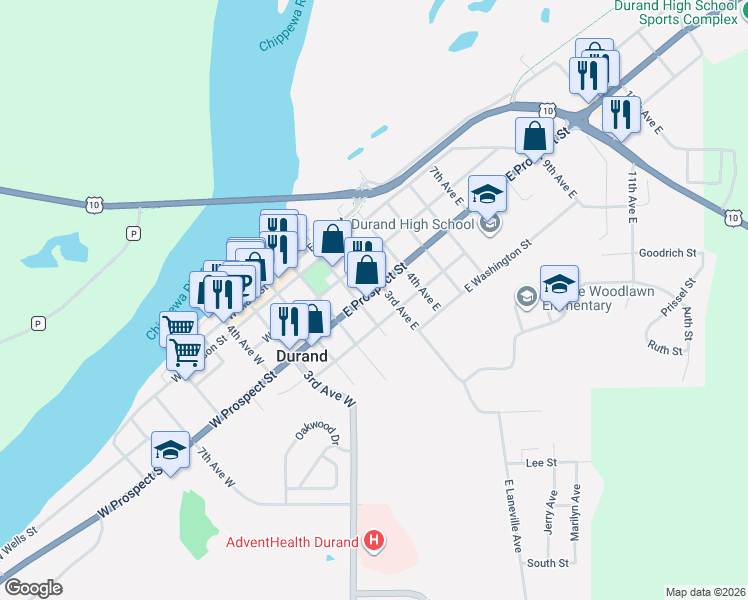 map of restaurants, bars, coffee shops, grocery stores, and more near 513 3rd Avenue East in Durand