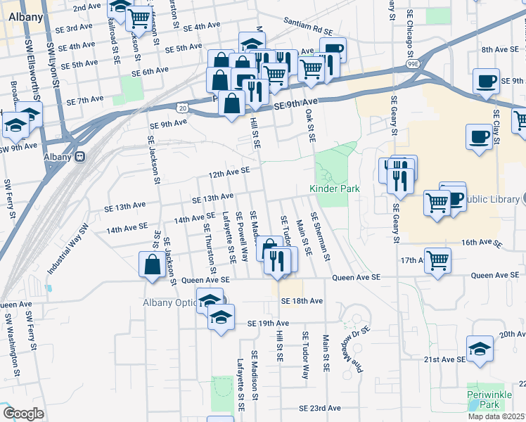 map of restaurants, bars, coffee shops, grocery stores, and more near 1400 Hill Street Southeast in Albany