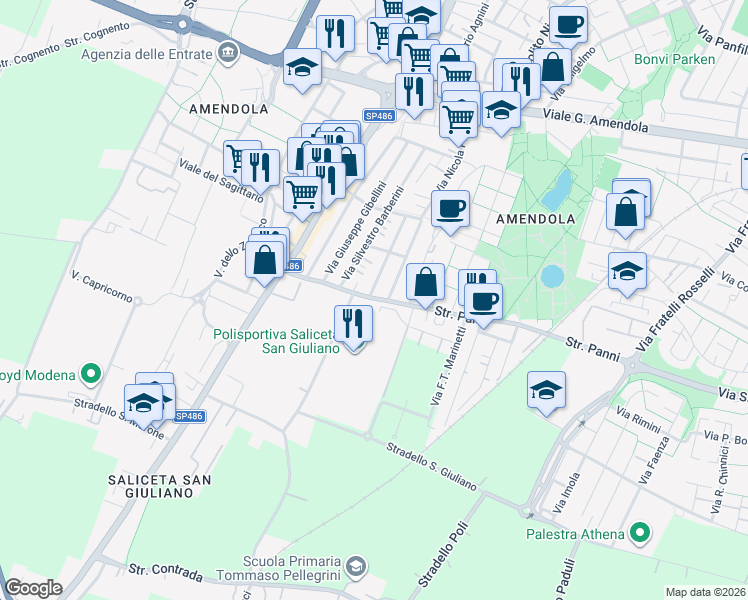 map of restaurants, bars, coffee shops, grocery stores, and more near 76 Strada Panni in Modena