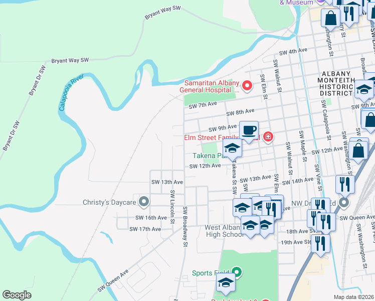 map of restaurants, bars, coffee shops, grocery stores, and more near 1445 Southwest City View Place in Albany