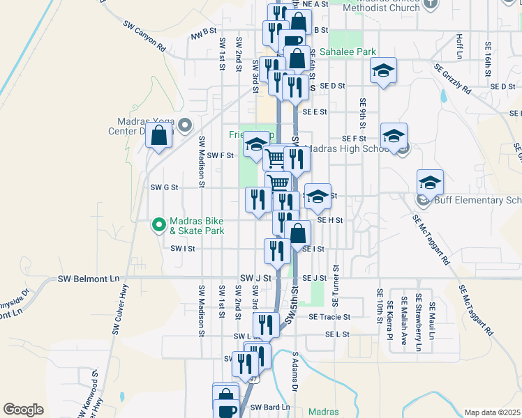map of restaurants, bars, coffee shops, grocery stores, and more near 574 Southwest 4th Street in Madras