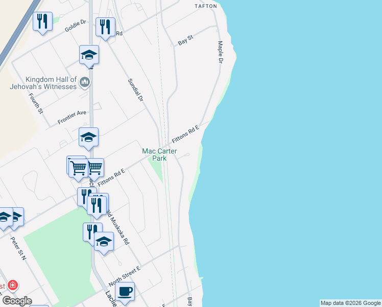 map of restaurants, bars, coffee shops, grocery stores, and more near 3 Southwood Circle in Orillia