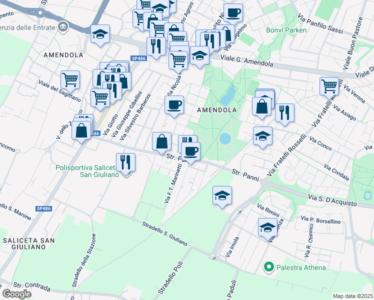 map of restaurants, bars, coffee shops, grocery stores, and more near 40 Via Alessandro Coppi in Modena