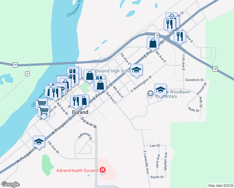map of restaurants, bars, coffee shops, grocery stores, and more near 317 East Montgomery Street in Durand