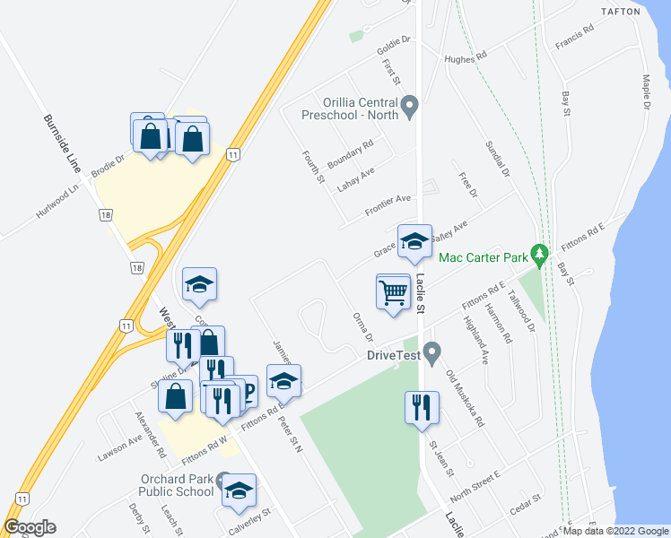 map of restaurants, bars, coffee shops, grocery stores, and more near 2 Grace Avenue in Orillia