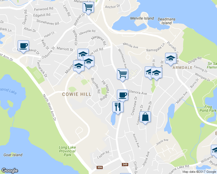 map of restaurants, bars, coffee shops, grocery stores, and more near 135 Ridge Valley Road in Halifax