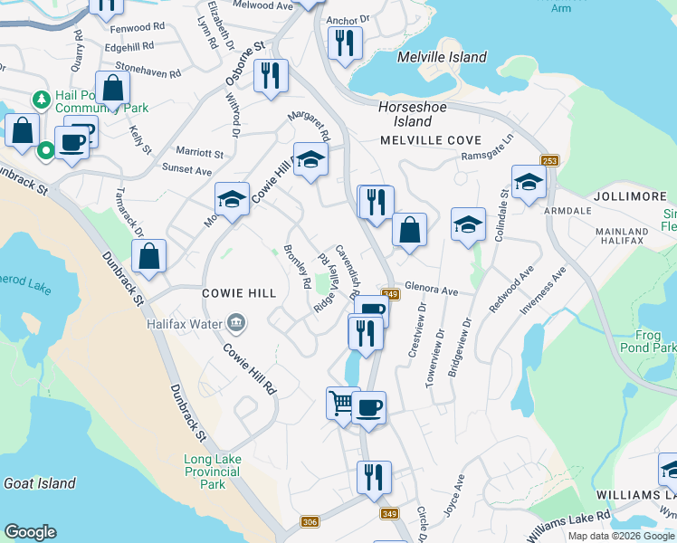 map of restaurants, bars, coffee shops, grocery stores, and more near 135 Ridge Valley Road in Halifax