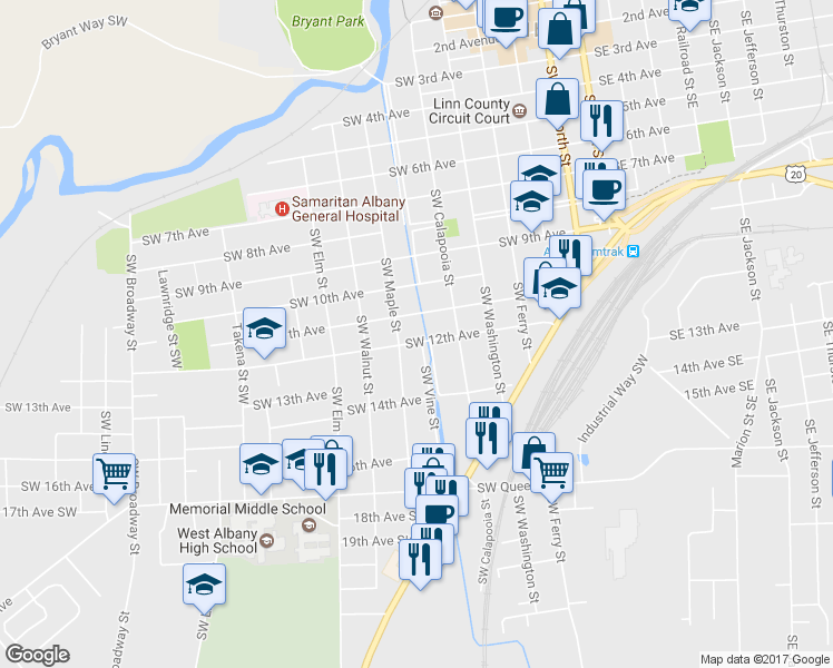 map of restaurants, bars, coffee shops, grocery stores, and more near 705 12th Avenue Southwest in Albany