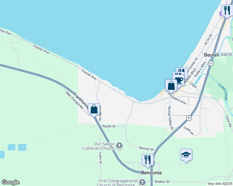 map of restaurants, bars, coffee shops, grocery stores, and more near 6887 Crystal Ave in Beulah