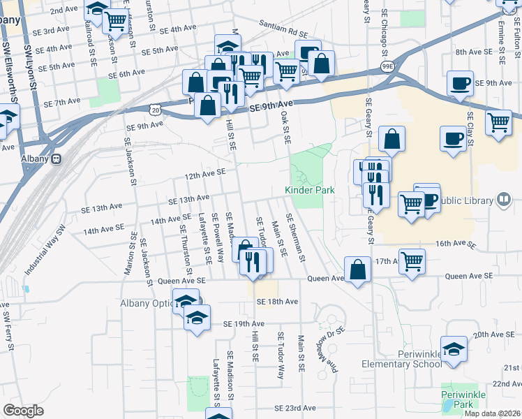 map of restaurants, bars, coffee shops, grocery stores, and more near 1435 Southeast Tudor Way in Albany