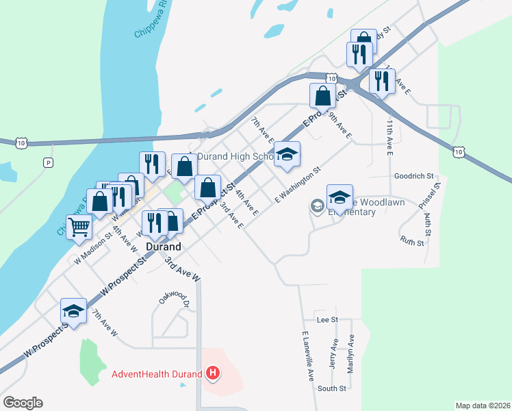 map of restaurants, bars, coffee shops, grocery stores, and more near 317 East Montgomery Street in Durand