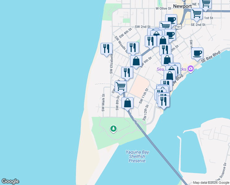 map of restaurants, bars, coffee shops, grocery stores, and more near 944-958 Southwest Elizabeth Street in Newport