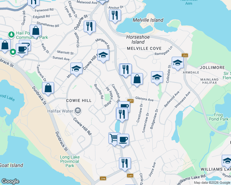 map of restaurants, bars, coffee shops, grocery stores, and more near 89 Cavendish Road in Halifax