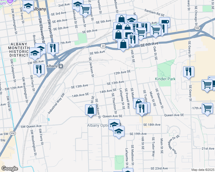 map of restaurants, bars, coffee shops, grocery stores, and more near 1345 Southeast Jefferson Street in Albany