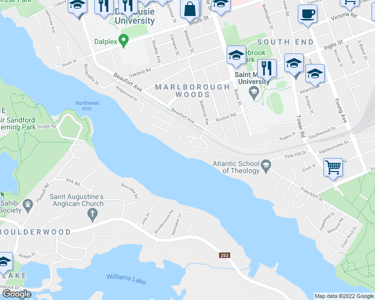 map of restaurants, bars, coffee shops, grocery stores, and more near 905 Marlborough Woods in Halifax