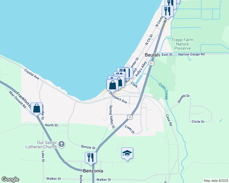 map of restaurants, bars, coffee shops, grocery stores, and more near 274 South Benzie Boulevard in Beulah