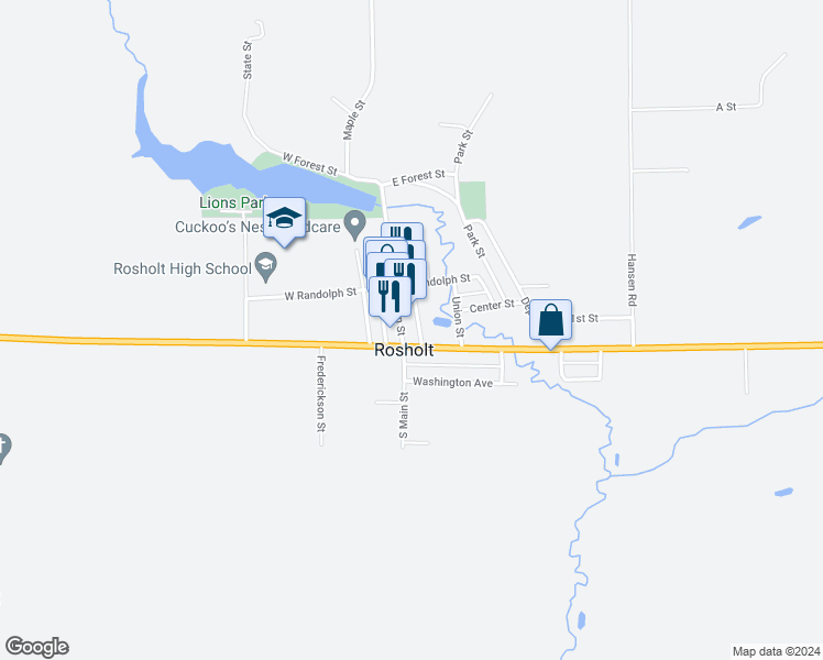 map of restaurants, bars, coffee shops, grocery stores, and more near in Rosholt