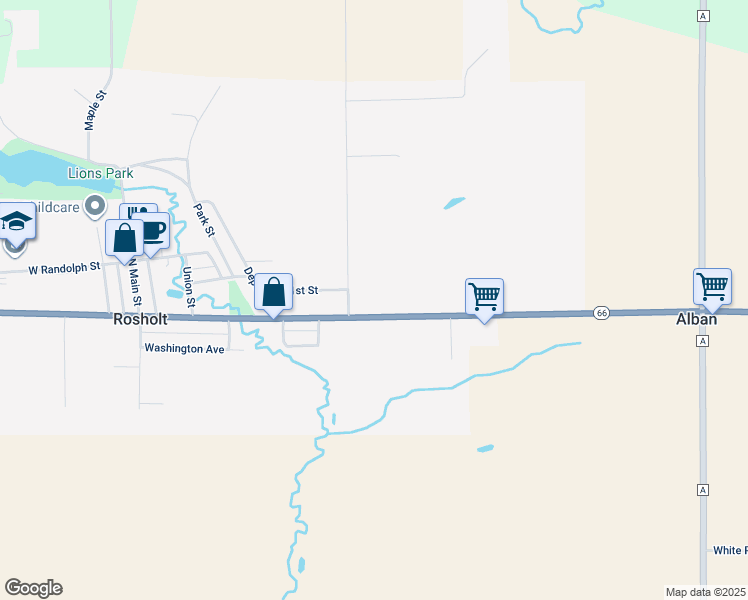 map of restaurants, bars, coffee shops, grocery stores, and more near 510 Grand Avenue East in Rosholt