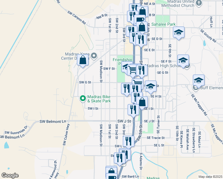 map of restaurants, bars, coffee shops, grocery stores, and more near 585 Southwest 1st Street in Madras