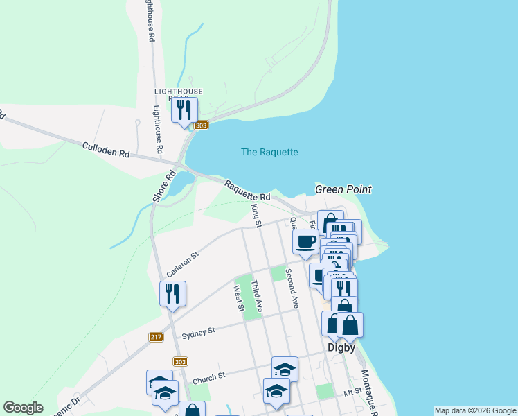 map of restaurants, bars, coffee shops, grocery stores, and more near 210 King Street in Digby