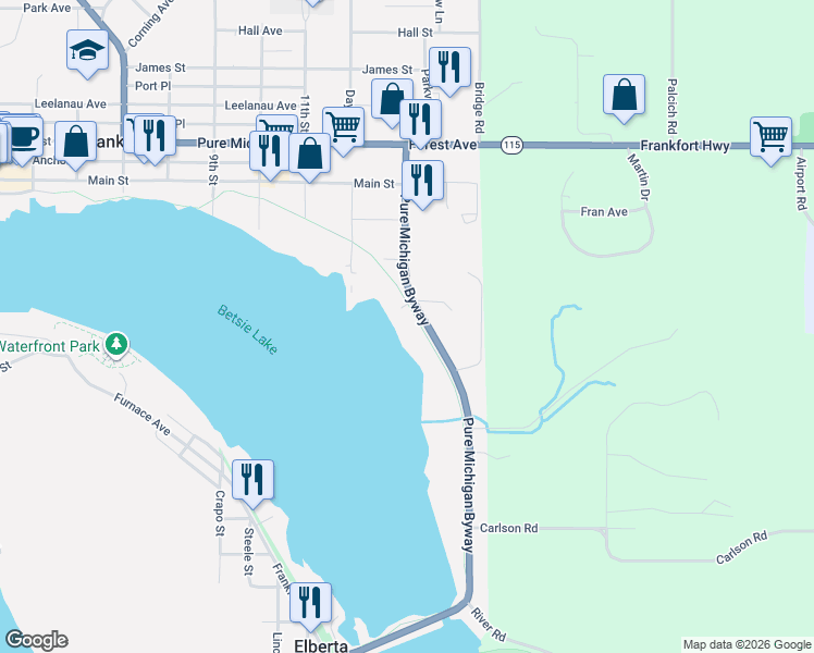 map of restaurants, bars, coffee shops, grocery stores, and more near Betsie Valley Trailway in Frankfort