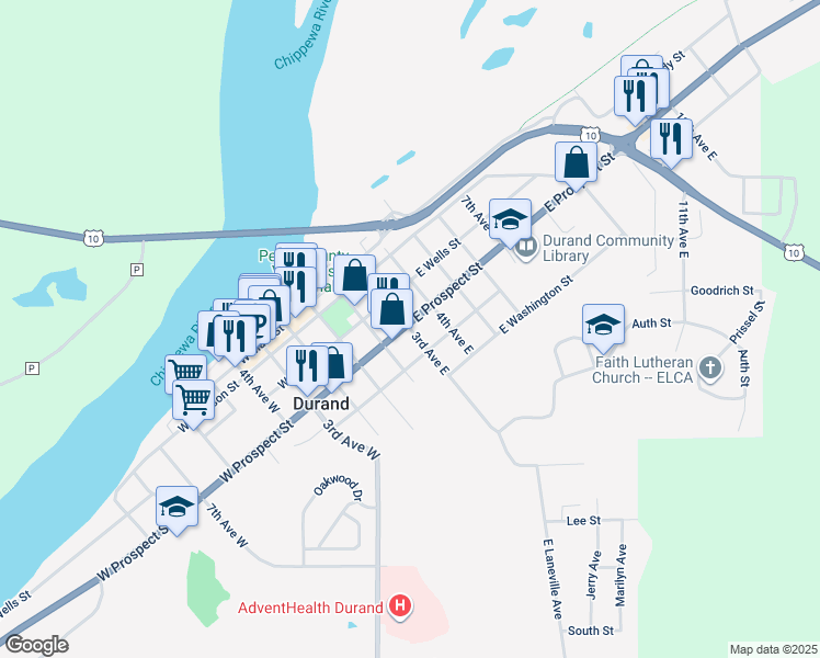 map of restaurants, bars, coffee shops, grocery stores, and more near 513 3rd Avenue East in Durand