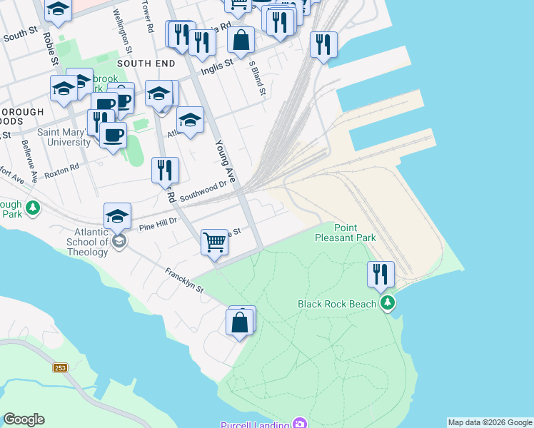 map of restaurants, bars, coffee shops, grocery stores, and more near 5668 Ogilvie Street in Halifax