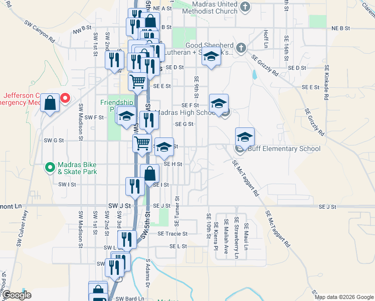 map of restaurants, bars, coffee shops, grocery stores, and more near 580 Southeast Duke Street in Madras