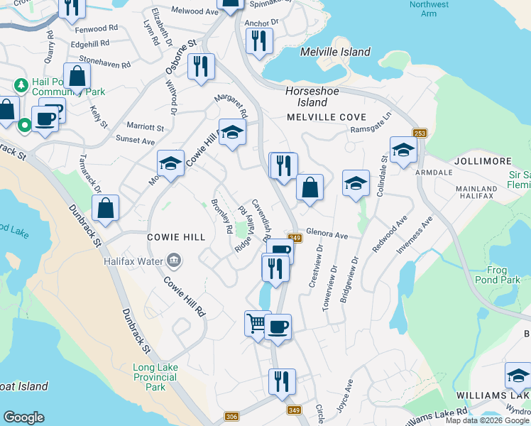 map of restaurants, bars, coffee shops, grocery stores, and more near 89 Cavendish Road in Halifax