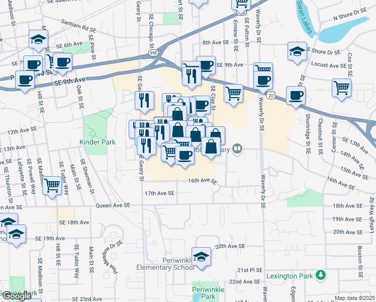map of restaurants, bars, coffee shops, grocery stores, and more near 1990 14th Ave SE in Albany