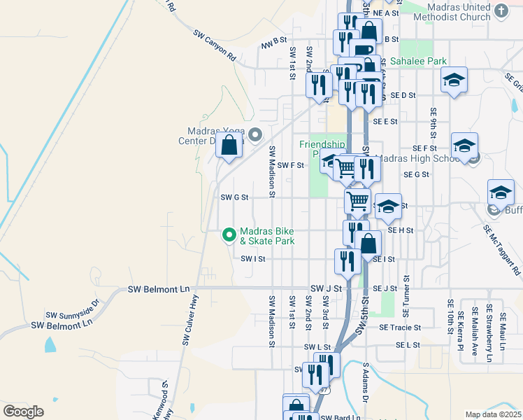 map of restaurants, bars, coffee shops, grocery stores, and more near 586 Southwest Madison Street in Madras