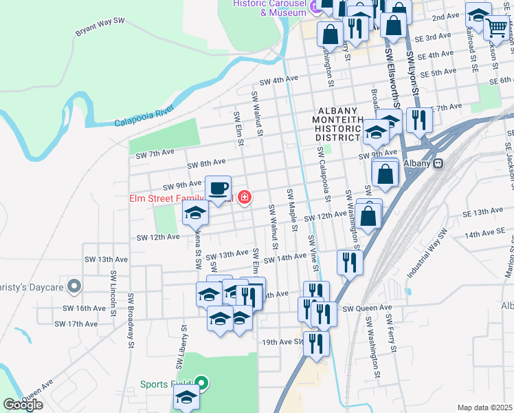 map of restaurants, bars, coffee shops, grocery stores, and more near 1115 Southwest Elm Street in Albany