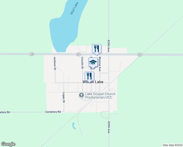 map of restaurants, bars, coffee shops, grocery stores, and more near Garfield Street in Willow Lake