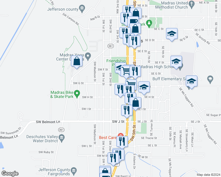 map of restaurants, bars, coffee shops, grocery stores, and more near Southwest 2nd Street in Madras