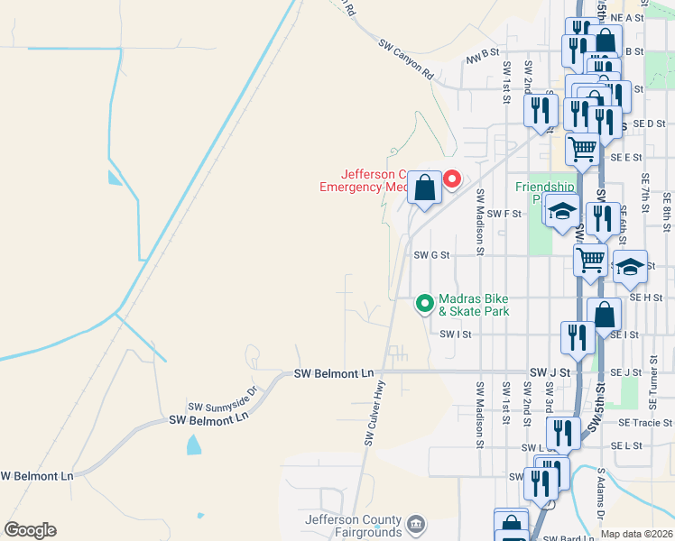 map of restaurants, bars, coffee shops, grocery stores, and more near 590 Southwest H Street in Madras