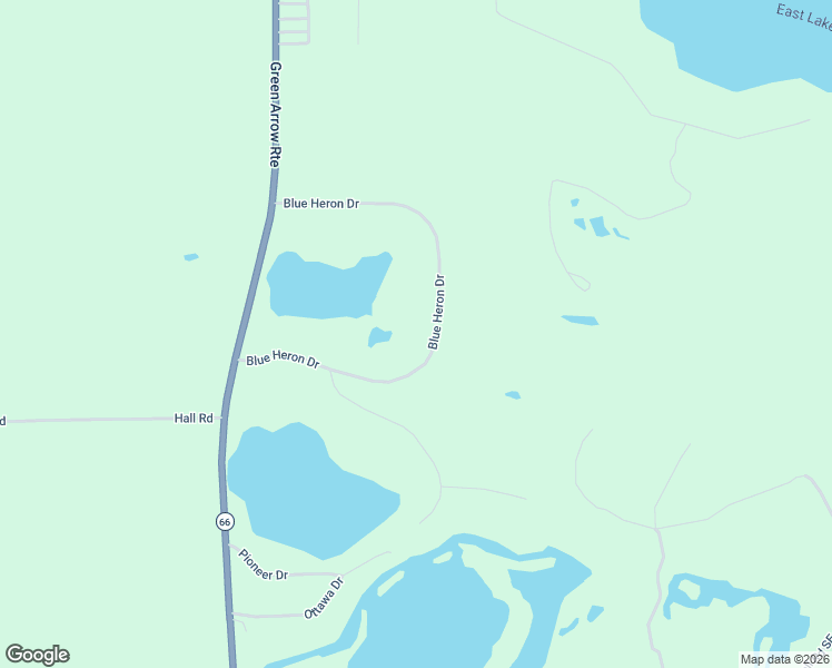 map of restaurants, bars, coffee shops, grocery stores, and more near Blue Heron Drive in Kalkaska