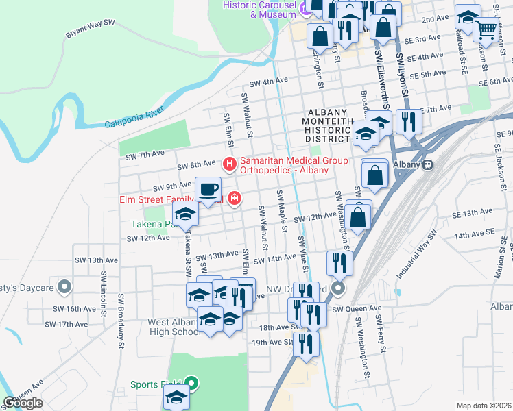 map of restaurants, bars, coffee shops, grocery stores, and more near 1115 Southwest Elm Street in Albany