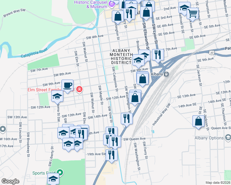 map of restaurants, bars, coffee shops, grocery stores, and more near 1114 Southwest Calapooia Street in Albany