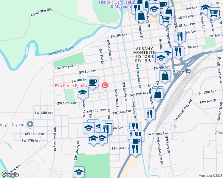 map of restaurants, bars, coffee shops, grocery stores, and more near 1115 Southwest Elm Street in Albany