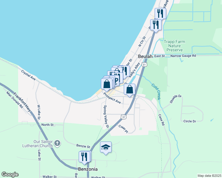 map of restaurants, bars, coffee shops, grocery stores, and more near 274 South Benzie Boulevard in Beulah