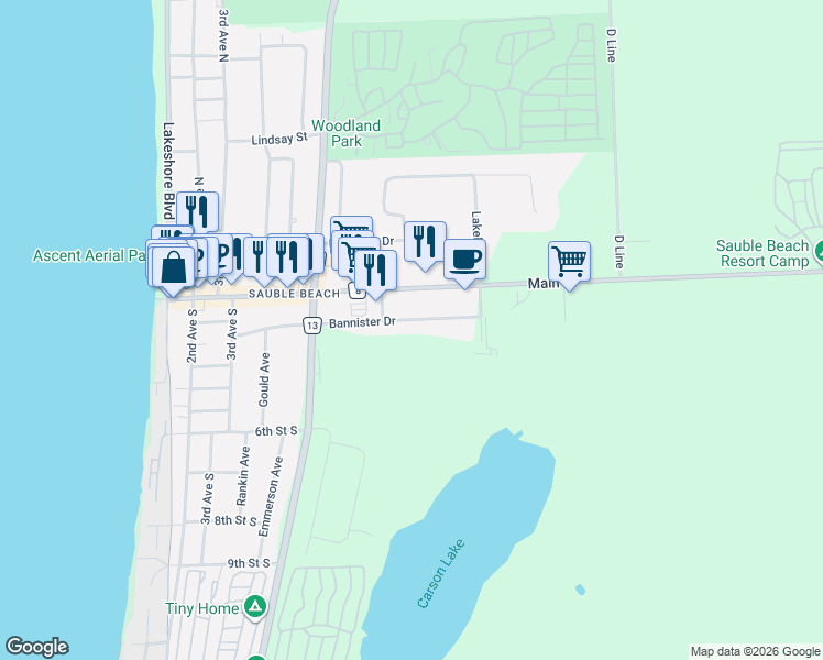 map of restaurants, bars, coffee shops, grocery stores, and more near 632 Bannister Drive in Sauble Beach