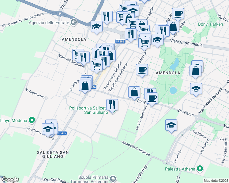 map of restaurants, bars, coffee shops, grocery stores, and more near 76 Strada Panni in Modena