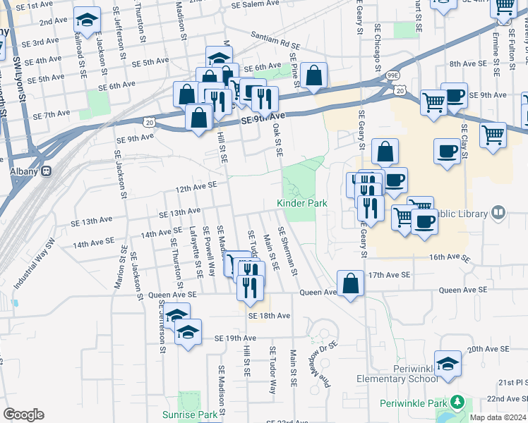 map of restaurants, bars, coffee shops, grocery stores, and more near 1108 14th Avenue Southeast in Albany