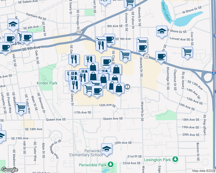 map of restaurants, bars, coffee shops, grocery stores, and more near 2255 14th Avenue Southeast in Albany