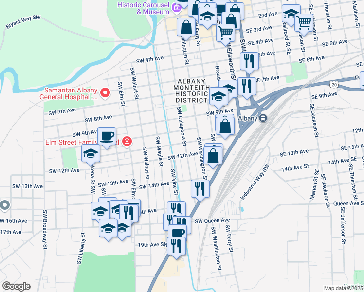 map of restaurants, bars, coffee shops, grocery stores, and more near 1206 Southwest Calapooia Street in Albany