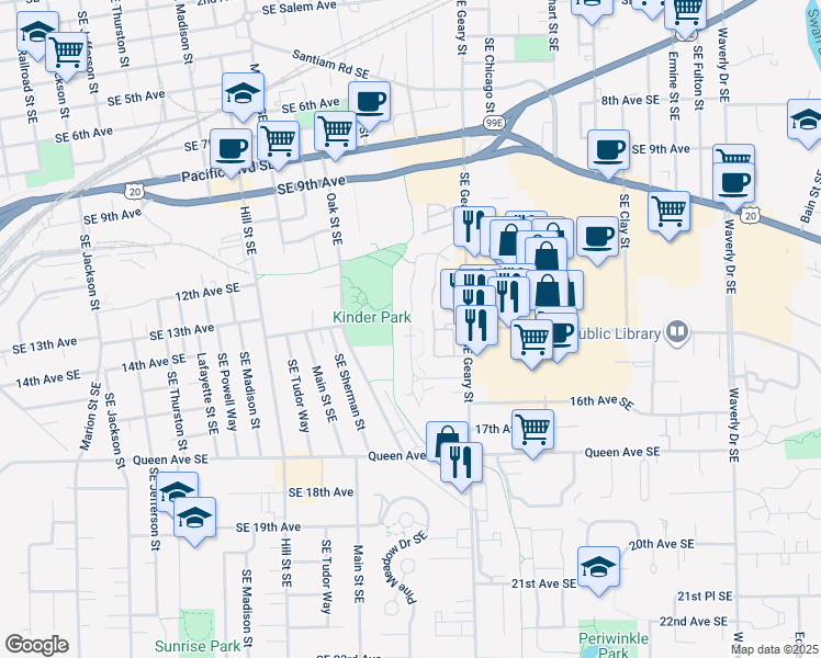 map of restaurants, bars, coffee shops, grocery stores, and more near 1539 15th Avenue Southeast in Albany